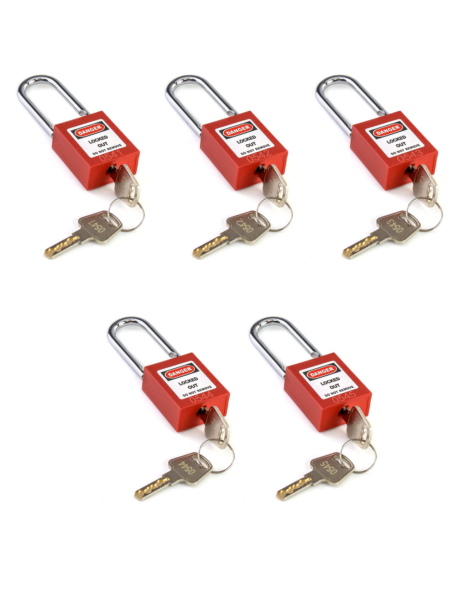 QWORK® Safety Lockout Padlock Set, 5 Locks with 10 Keys, Non-Conductive Thermoplastic Body, Steel Shackle, Red
