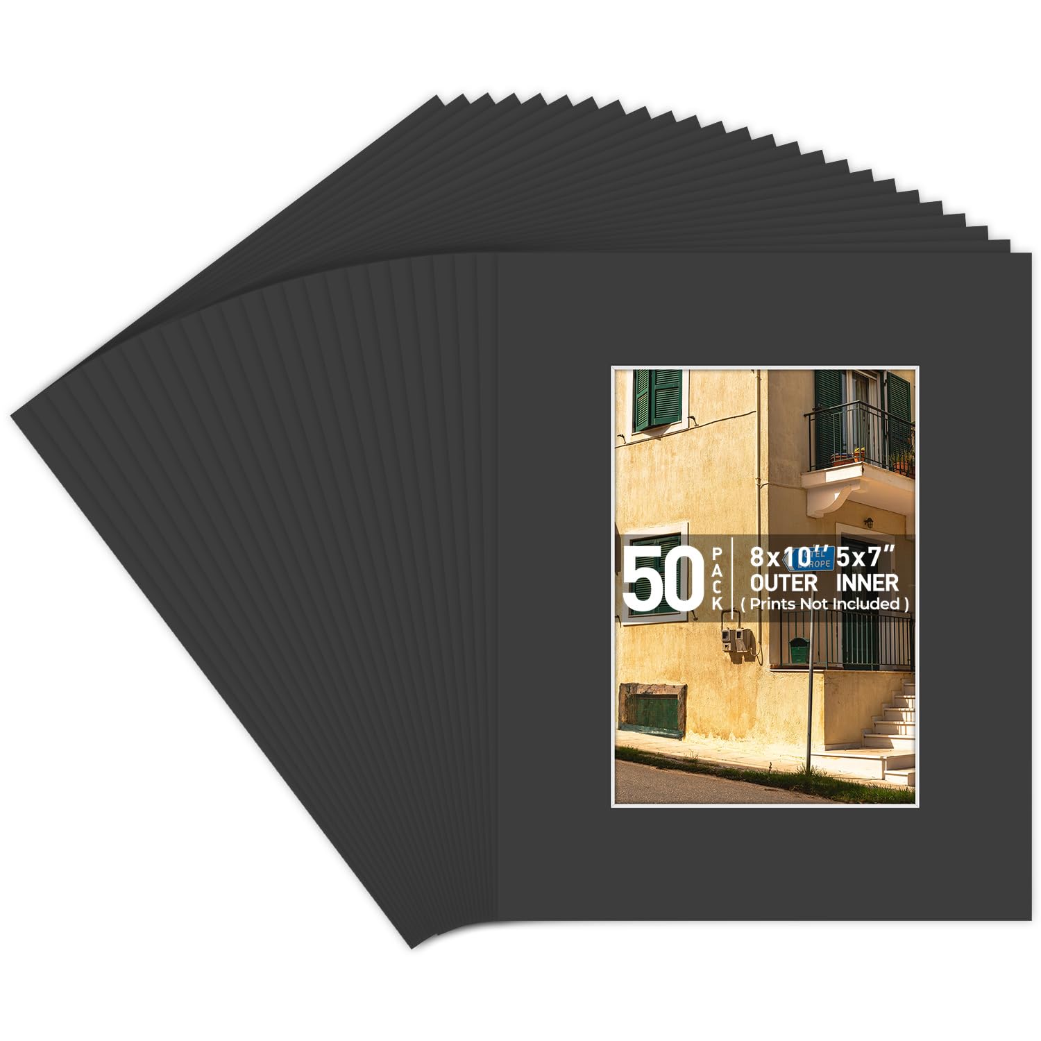 Golden State Art Pack of 50, Acid-Free Black Pre-Cut 8x10 Picture Mat for 5x7 Photo with White Core Bevel Cut Frame Mattes