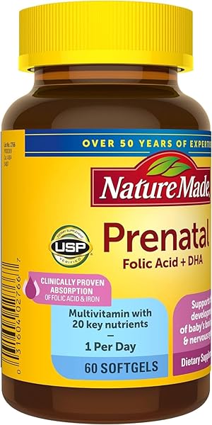 NATURE MADE PRENATAL VITAMINS FOR WOMEN WITH FOLIC ACID + DHA, PRENATAL VITAMIN AND MINERAL SUPPLEMENT FOR DAILY NUTRITIONAL SUPPORT, 60 SOFTGELS, 60 DAY SUPPLY