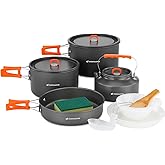Odoland 15pcs Camping Cookware Non-Stick Lightweight Camping Pots and Pans Set with Kettle Plastic Plates Bowls Soup Spoon for Camping, Backpacking, Outdoor Cooking and Picnic