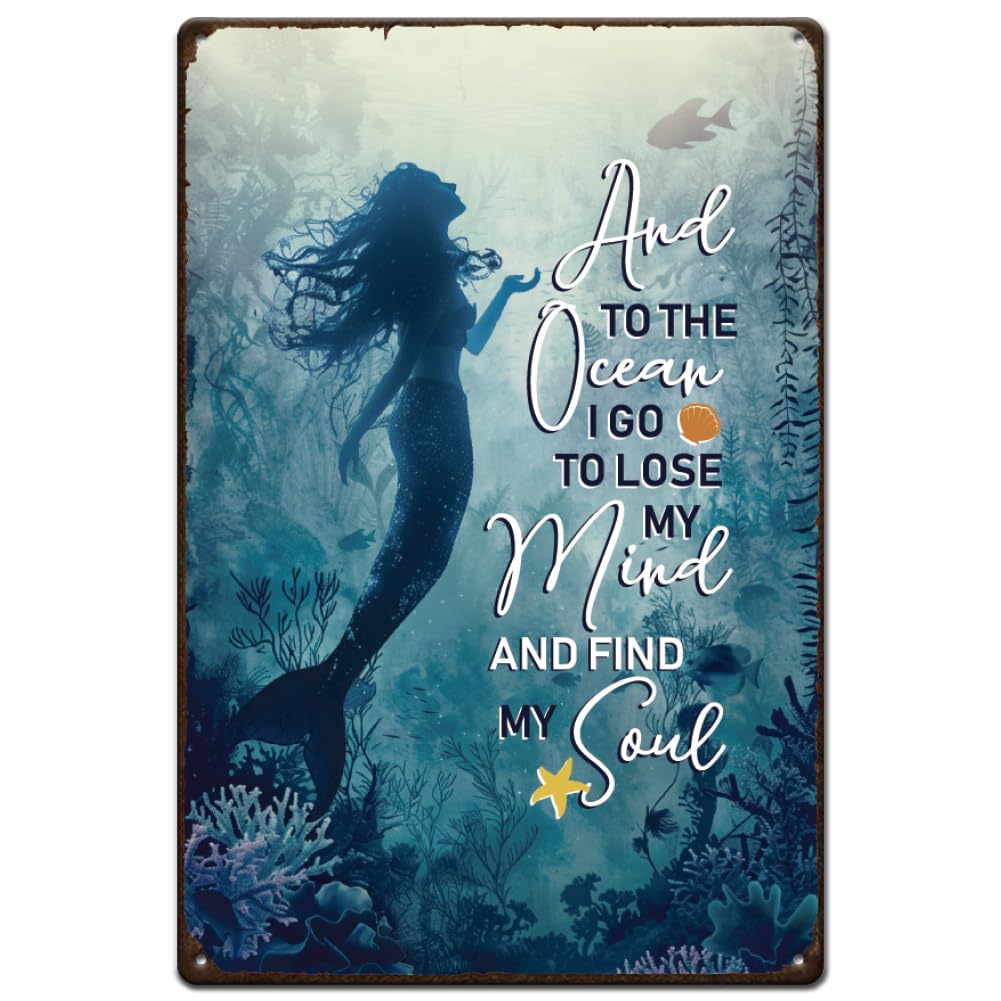 SUPERDANT Mermaid Metal Signs Inspirational Quotes Tin Signs to The Ocean Lose Mind Find Soul Walll Plaque Funny Sign and Plaque Bathroom Metal Sign for Bedroom Man Cave Bar Cafe Bar Home