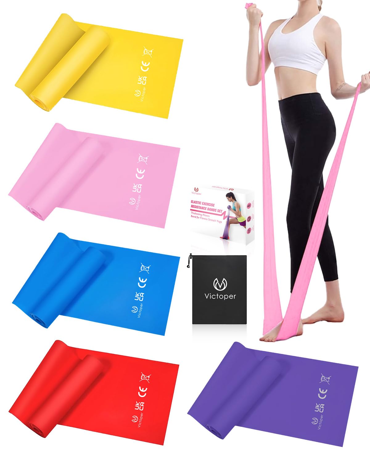 Victoper Pilates Bands Set of 5, Elastic Exercise Bands with 5 Resistance Levels for Women & Men, Build Muscle & Fitness