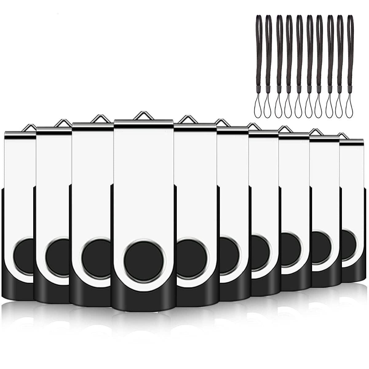 10 Pack USB Memory Sticks 512MB EASTBULL USB 2.0 Flash Drives Pen Drive Photo Memory Stick Swivel Design Fold Storage (Black With Lanyard)
