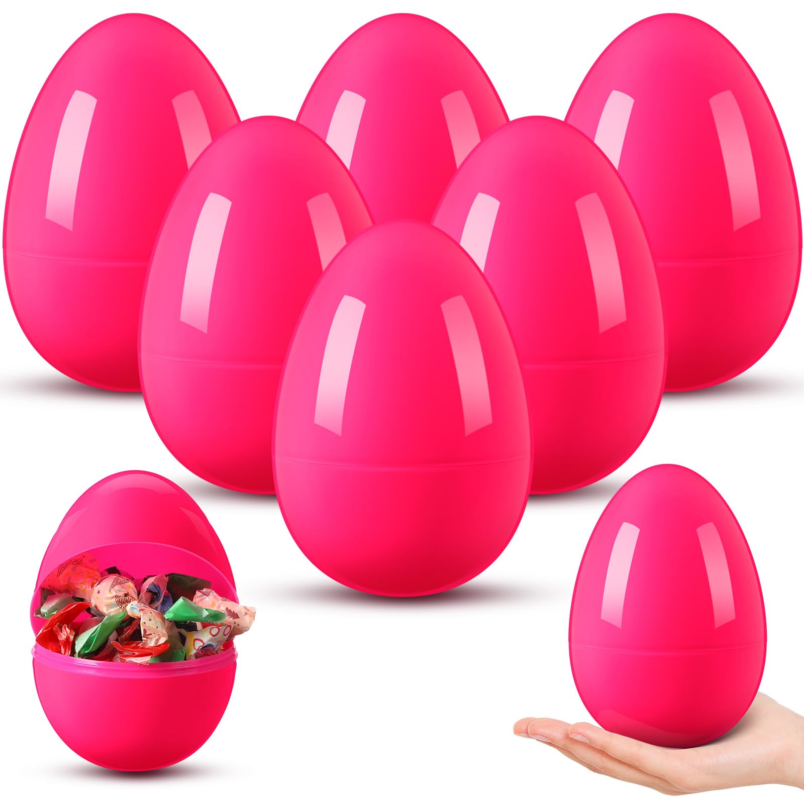 JellyArch 6 Pcs Large Plastic Easter Eggs Refillable 6 Inch Jumbo Colorful Bright Easter Eggs Hunt Basket Stuffers Fillers Filling Treats Party Favors(Pink)
