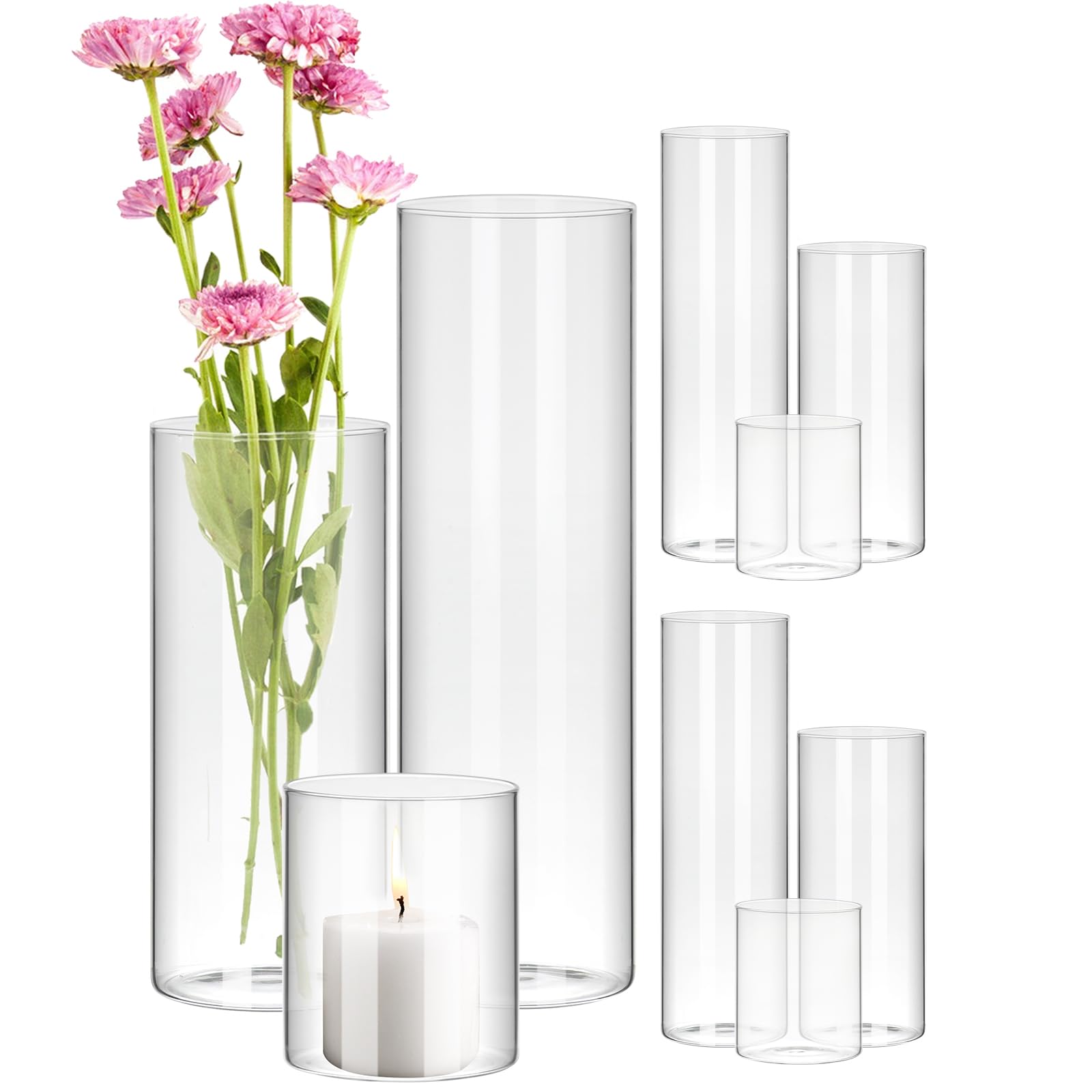 Photo 1 of BIGIVACA 9 Pack 4, 8,12 Inch Tall Glass Cylinder Vase Bulk, Hurricane Candle Holder Clear Flower Vases for Wedding Centerpieces and Home Decor