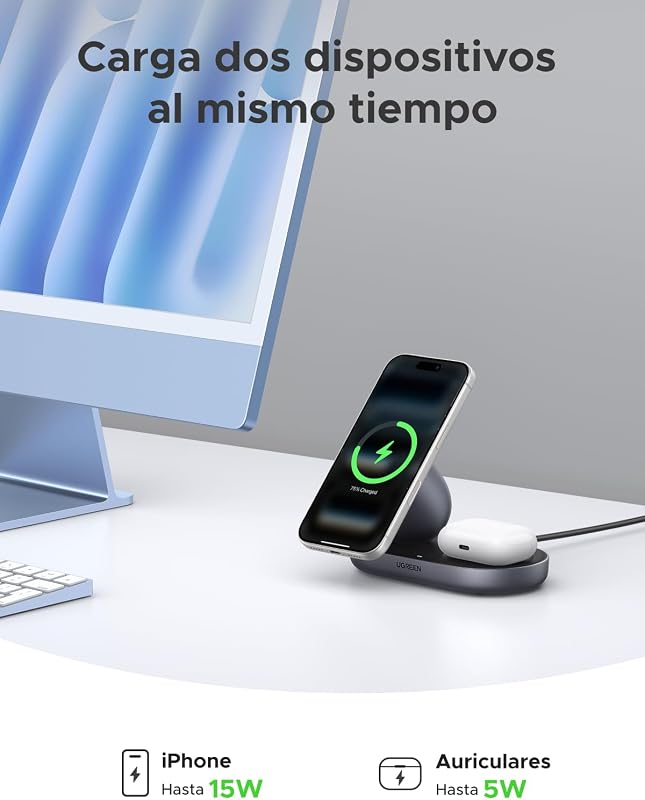 Zapix Qi2 15W Cargador Inalámbrico iPhone 2 en 1 MagSafe (Gris) — foto 3 de 8