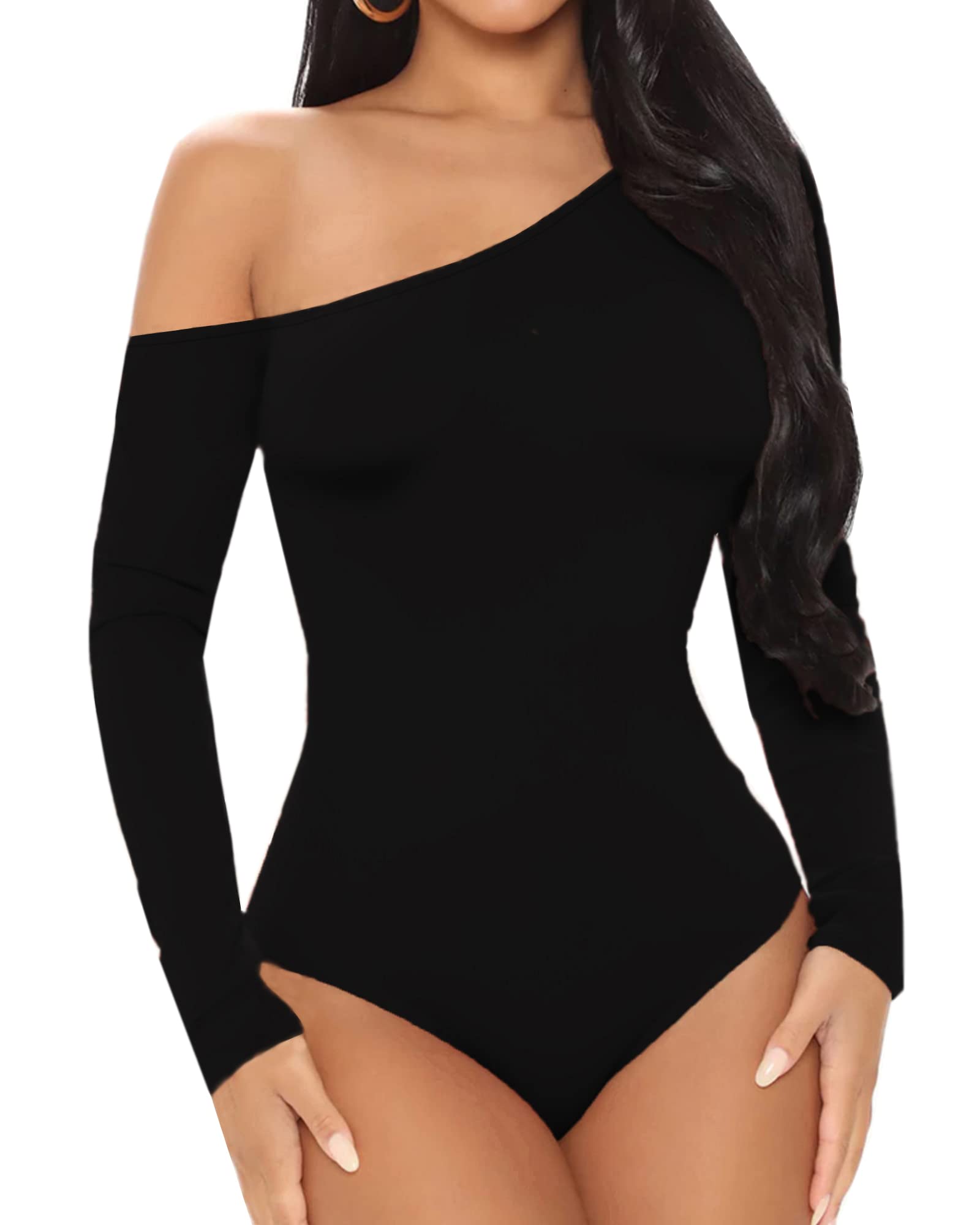 Photo 1 of (LARGE) (USED/FAIR) (BAGGED) BelleLovin AESLOVIN Women's sexy One Shoulder Long Sleeve Tops T Shirt Bodysuit Jumpsuit (Black., Large)