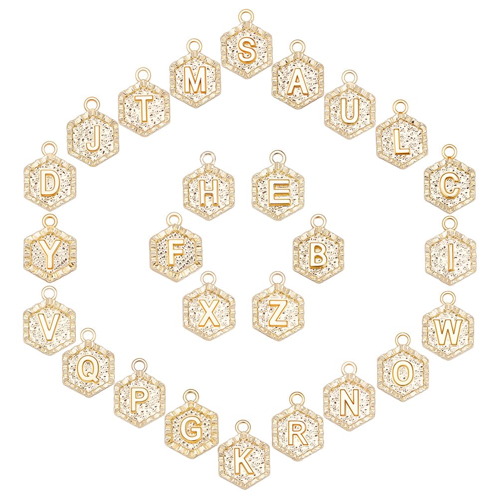 SUNNYCLUE 1 Box 26Pcs Real 18K Gold Plated Hexagon Letter Charms Bulk Alphabet Pendant Charm Jewelry Findings for Bracelet Necklace Wine Glass Charms Jewelry Making Valentine's Day Weddings