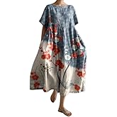 Akivide Women's Loose Baggy Oversized Boho Floral Cotton Maxi Dress Plus Size Summer Casual Long Flowy Dresses