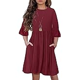 HOSIKA Girls Midi Dress Floral 3/4 Sleeve Ruffle A-line Swing Casual Dresses with Pockets for Kids 6-12 Years