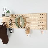 2 Pack Beige Wooden Pegboard Wall Organizer, Peg Board with Hooks & Shelf | Modular beige wood pegboard set, includes hooks &