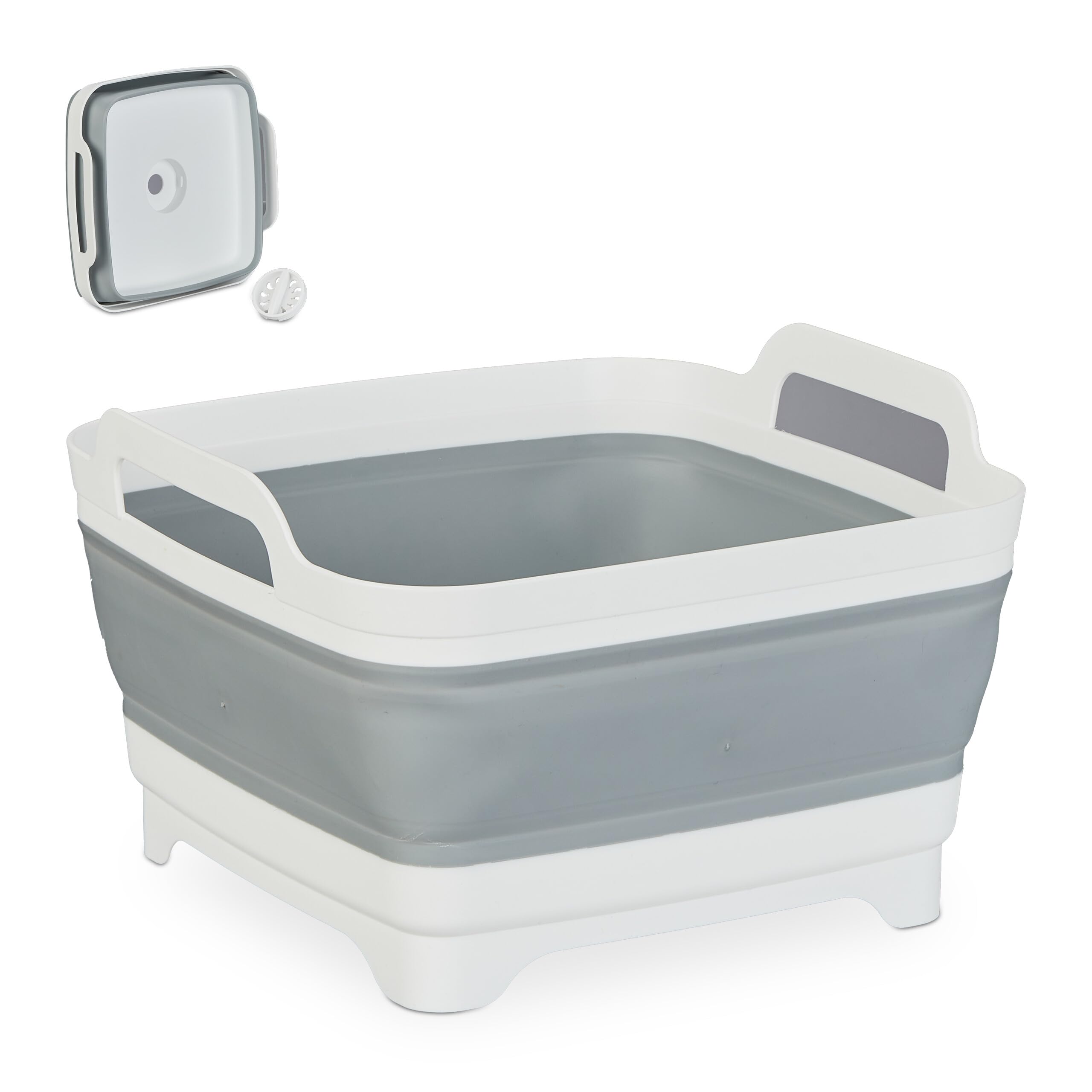 Relaxdays Sink Bowl with Drain, Foldable Washing Up Basket, 9 L, Camping Dishwasher, HxWxD: 20 x 31 x 31 cm, White/Grey