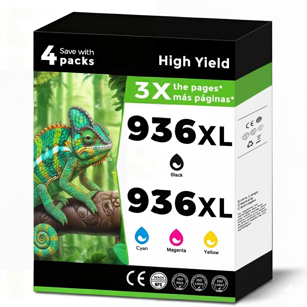 Photo 1 of 936XL (936e) Ink Cartridges Combo Pack Replacement for HP 936 e XL for OfficeJet 9122e Pro 9125e 9130e 9135e 9120b 9120e 9128 9128e 9110b 9110e 9130 9130b 9135 for HP936 Black Cyan Magenta Yellow