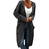 Women Hooded Open Front Cardigan Cable Knit Sweaters Solid Color Chunky Long Sweater Coats