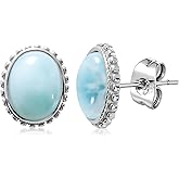 Gemsme Blue Larimar Stud Earrings - 925 Sterling Silver Natural Larimar Hypoallergenic Earrings Jewelry for Women