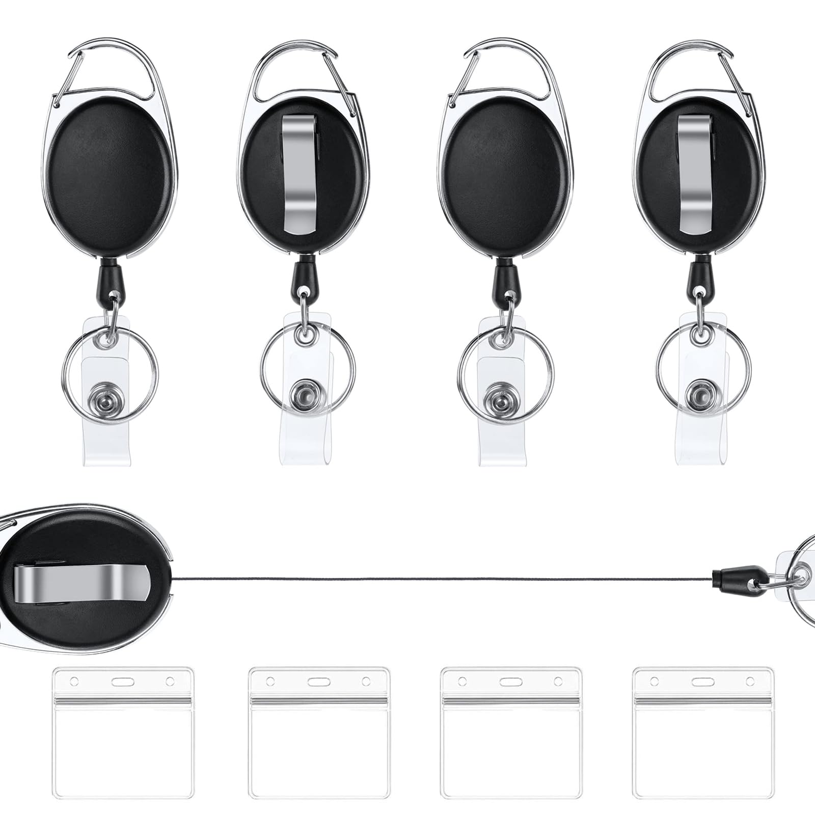 DOETYD 4 Pack Retractable Badge Reels Key Fob Badge + 4 Pack ID Card Holder Retractable Carabiner with Extendable Lanyard Belt Clip Key Ring