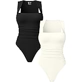 OQQ Women’s Square Neck Sleeveless Bodysuit Shapewear Tank Top Stretchy Slim Fit Bodycon Top for Going Out 2 Pack