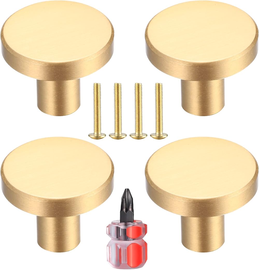 Yibaijia Brass Round Cabinet Knobs 4 Pack 20mm 25mm Screws Gold