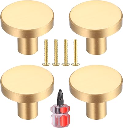 Yibaijia Brass Round Cabinet Knobs 4 Pack 20mm 25mm Screws Gold