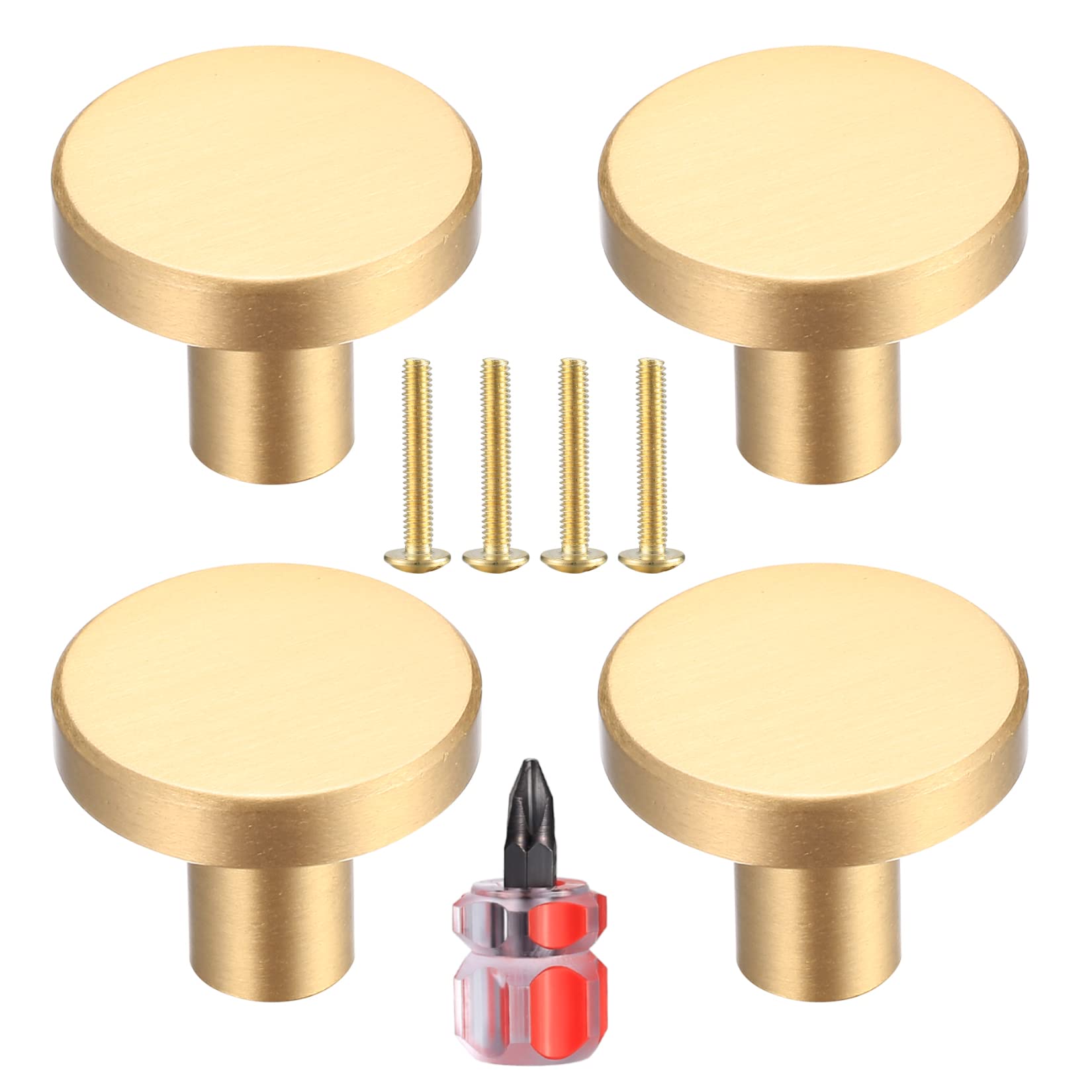 Yibaijia 4 Pcs Round Cabinet Knobs, Gold Brass Drawer Knobs, Door Kitchen Hardware Cupboard Knob, Stainless Steel Single Hole Handle with Screws for Home Decorating, Cupboard, Wardrobe (20mmx25mm)