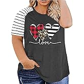 Plus Size Valentine's Day T-Shirt for Women Buffalo Plaid Heart Printed Shirt Tops Short Sleeve Casual Graphic Tees