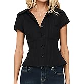 Women's Y2K Short Sleeve Button Down Shirts V-Neck Bow Tie Up Back Solid Color Slim Fit Crop Blouse