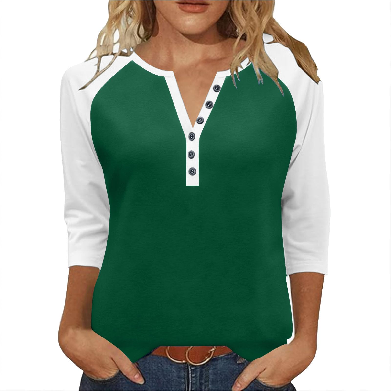 3/4 Length Sleeve Womens Tops Cotton Dressy V Neck
