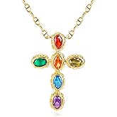 NEKOL Colorful Gemstone Cross Pendant Necklace for Women, 14K Gold Plated Cross Necklace Oval Shape Cubic Zirconia Crystal Stone Cross Charm Necklace Y2K Religious Jewelry Gifts for Women