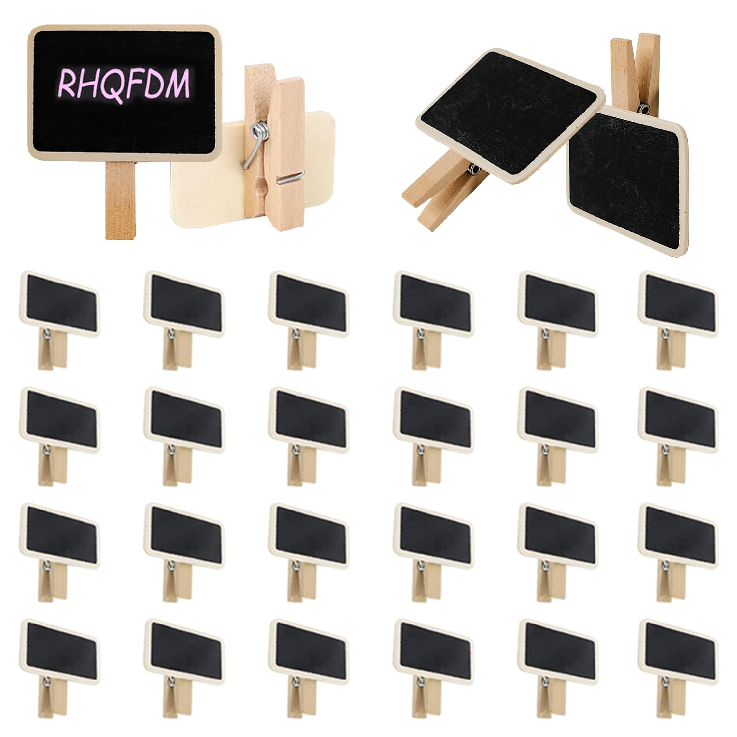 RHQFDM 50 Pieces Mini Chalkboards with Clip,Reusable Portable Wooden Mini Chalkboards,Chalkboard Labels with Wooden Clips Attached for Price Tags,Photo Memo Boards,Party Labels