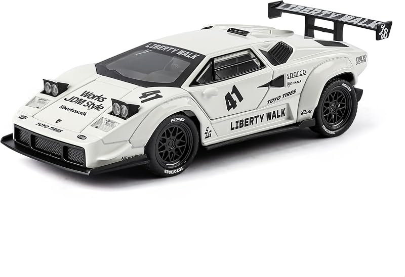 Modelo de Carro Lamborghini LBWK Countach 1/32, Veículos de Retirada de Liga de Zinco Modelo de Carro com Som e Luz para Colecionadores e Crianças Presente de Aniversário de 3 Anos (Branco)