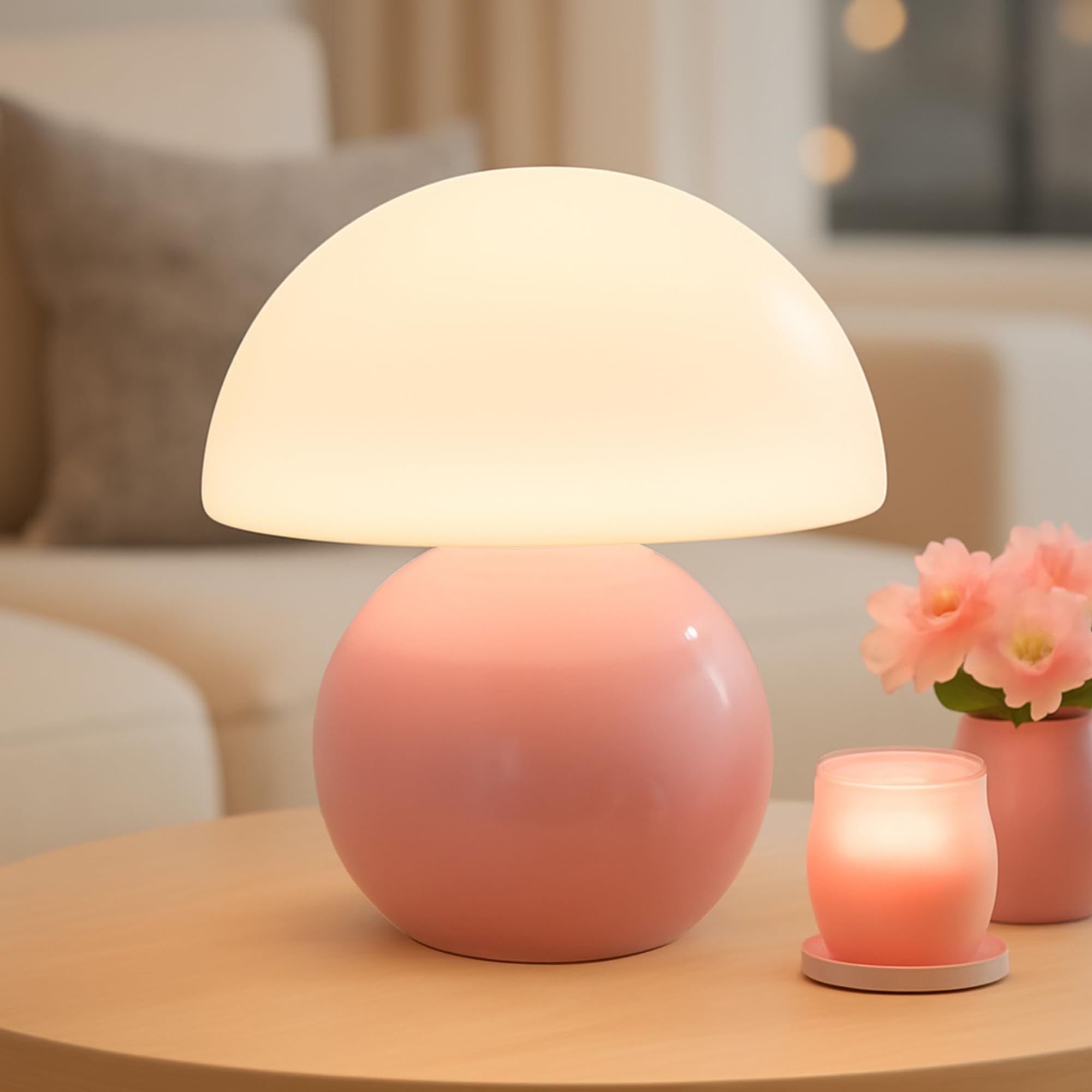 Photo 1 of ULAROOM Small Mushroom Lamp,USB-Plug in Bedside Table Lamps with 3-Temperature LED Bulb Dimmable,Unique Cute Aesthetic Home Decor for Living Room,Bedroom, Modern Ceramic Base Glass Lamp(Pink)