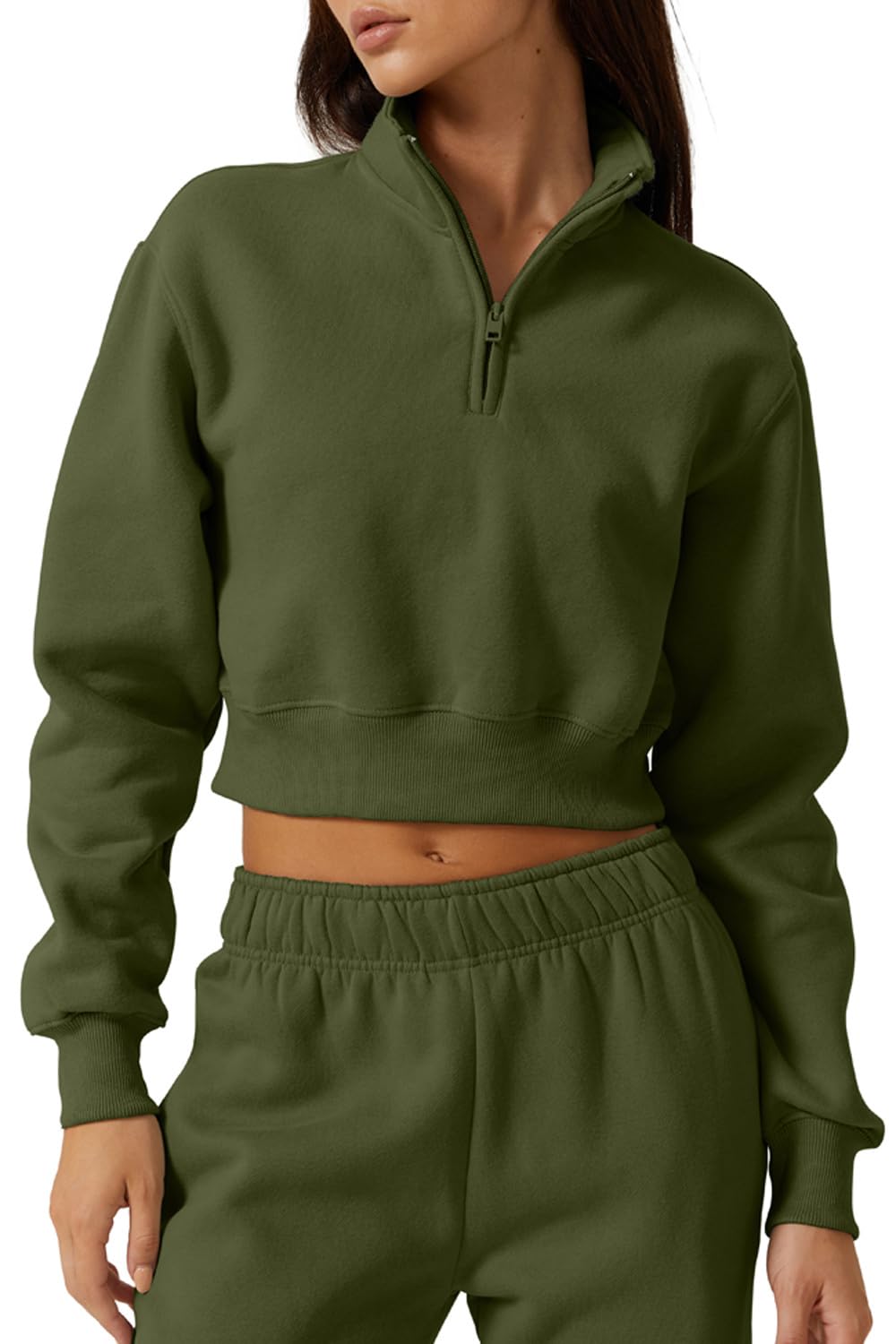 Photo 1 of ****JUST THE JACKET *** QINSEN Womens High Neck Zip Up Pullover Top Long Sleeve Crop Fleece Sweatshirt Olive Green M
