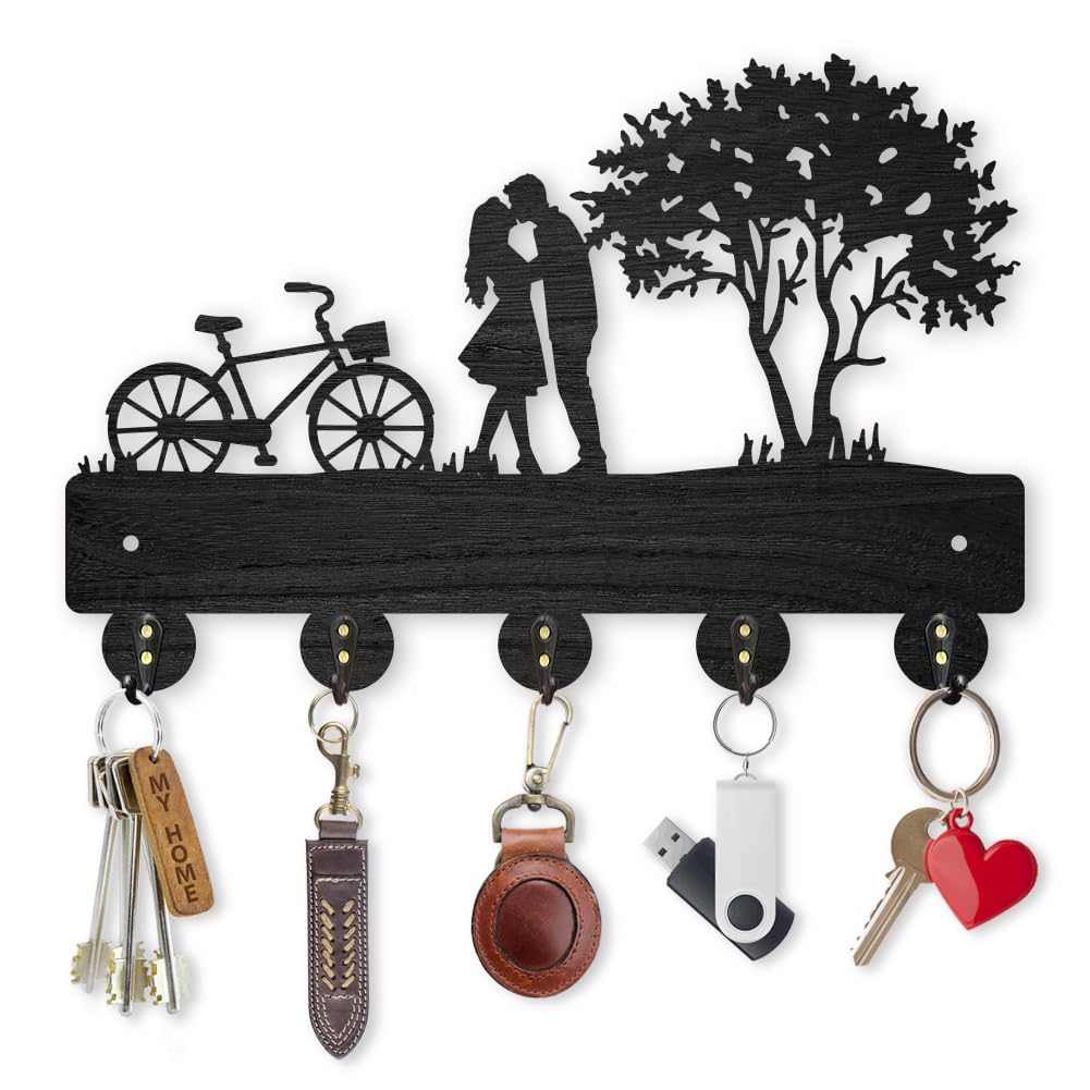 MAYJOYDIY Bicycle Couple Tree Key Hooks with 5 Hooks Wall Mounted, 30×20cm, Key Holder for Wall Decor Coat Hanger for Gift Farmhouse Entryway Living Room