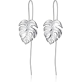 Monstera Leaves Dangle Earrings 14K Yellow Gold Plated Drop Silver Earrings, Handmade Unique Jewelry Gifts for Women