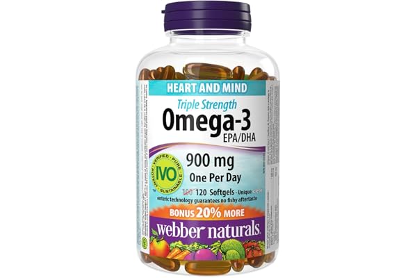 Webber Naturals Omega-3 900 mg Triple Strength, 120 Clear Enteric No Fishy Aftertaste Softgels, Supports Cardiovascular Healt