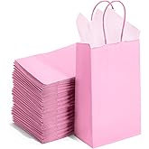DjinnGlory 100 Pack Small Sized Pink Paper Gift Bags with Handles Bulk for Small Business, Boutiques, Baby Showers, Party Favors & Care Packages, 9x5.5x3.15 Inch