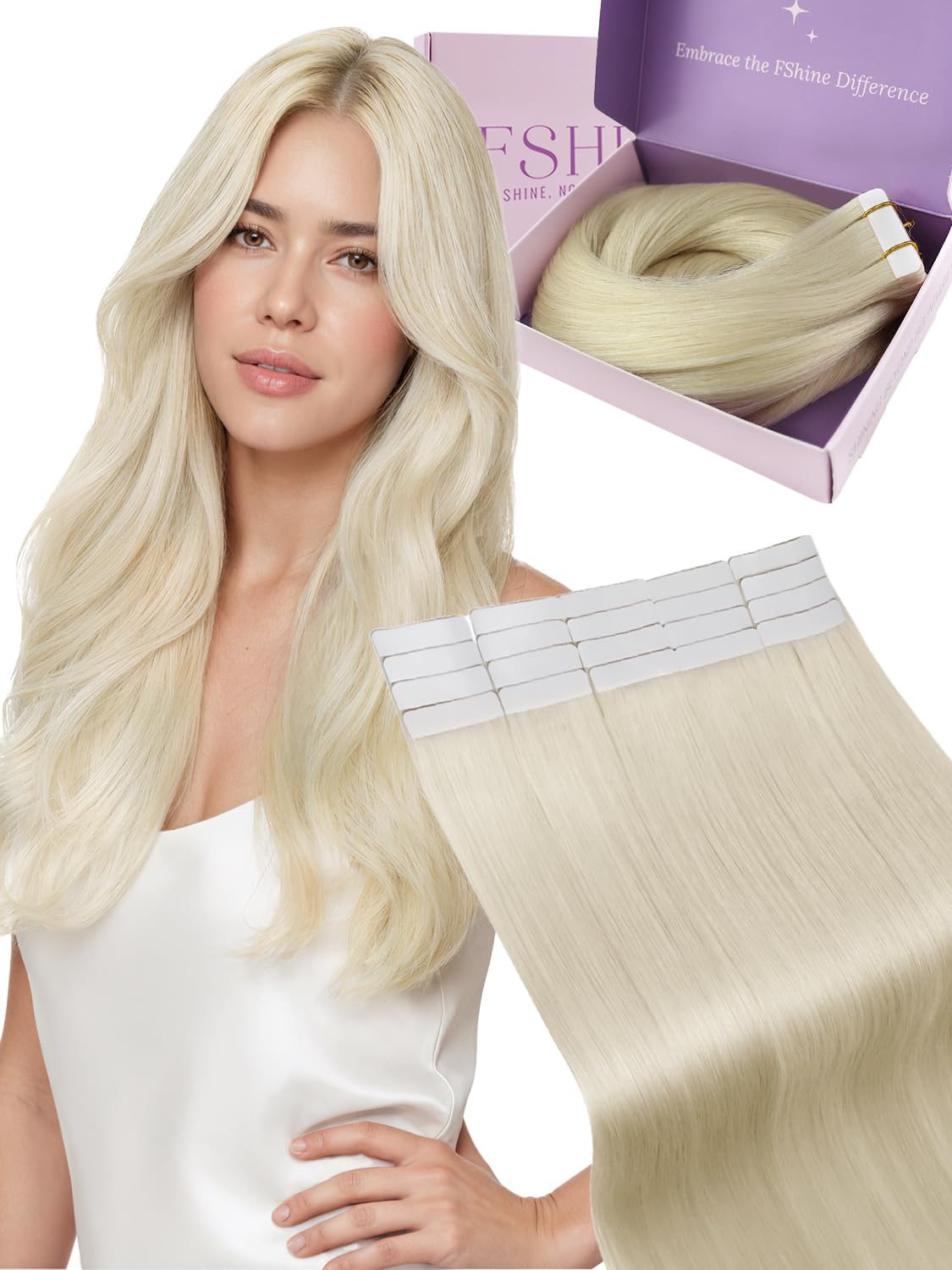 Fshine Blonde Tape in Extensions Real Human Hair,20 Inch 20 pcs 50 g,Straight Invisible Hair Extensions Color 1000 White Blonde,For Women Ladies Girls โ image 1