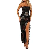 ABMOIU Women's Summer Tube Maxi Dress Strapless Sexy High Split Lace Trim Print Bodycon Long Dresses