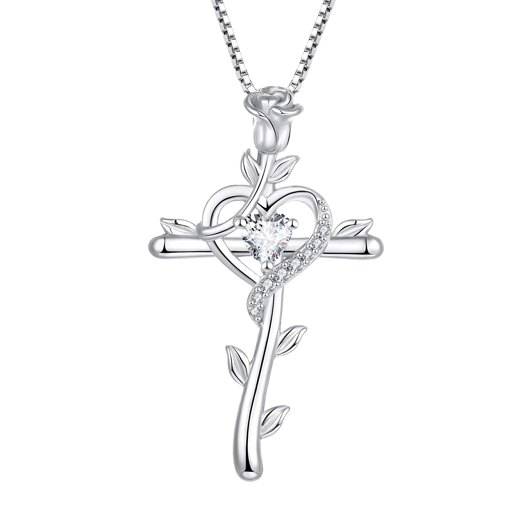 starchenie Cross Necklace 925 Sterling Silver Heart Birthstone Rose Crucifix White Zirconia Pendant Jewelry Gift for Women