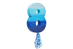 BLUE PANDA Ombre Blue Number 8 Pull String Pinata, Party Game for Kids Ages 3-14, Fillable Hanging Decoration for Birthday Decorations, Holds Candy, Toys & Confetti (16.5 x 11 x 3)