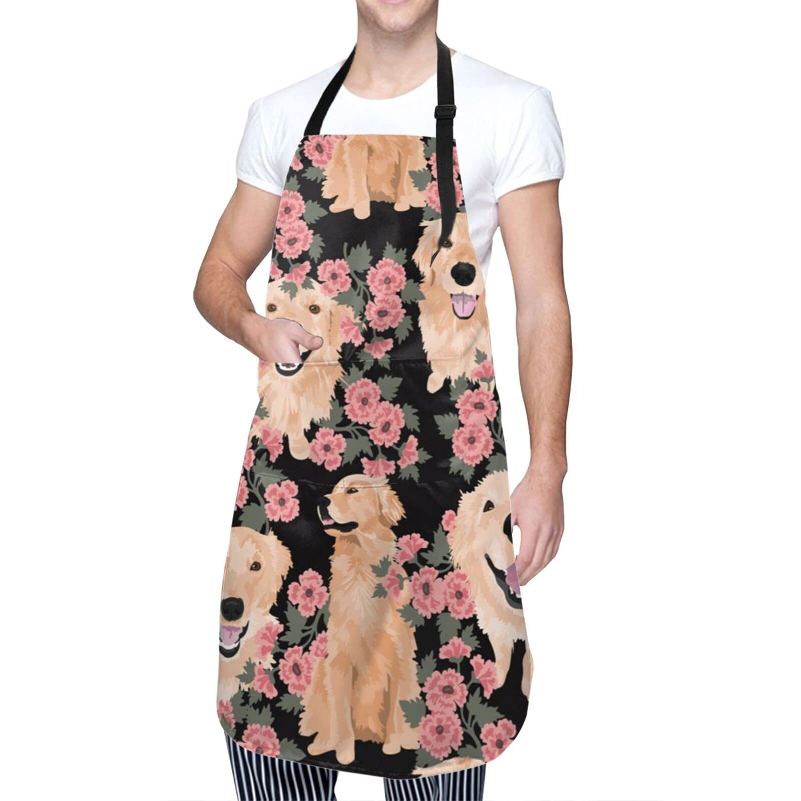 wodealmug Golden Retrievers Dog with Flower Print Adjustable Apron for Women Chef Cooking BBQ