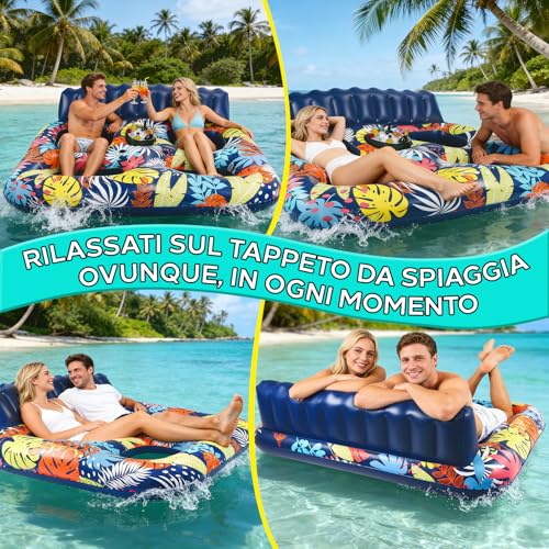 FORMIZON Inflatable Sea Mattress, 2 Seater Pool Mat, Tanning Pool Large Inflatable Tan with Ice Bar Thermal Bag Drink Holder and Cushion for Water Party