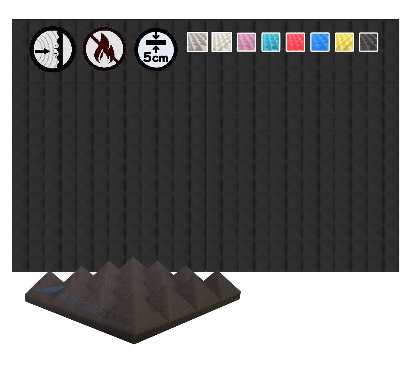 Arrowzoom 24 Acoustic Panels Pyramid Sound Absorbing Acoustic Treatment Tiles 25x25x5cm Recording Studio Noise Cancellation Acoustical Walls Dampening Foam Fire Retardant Black