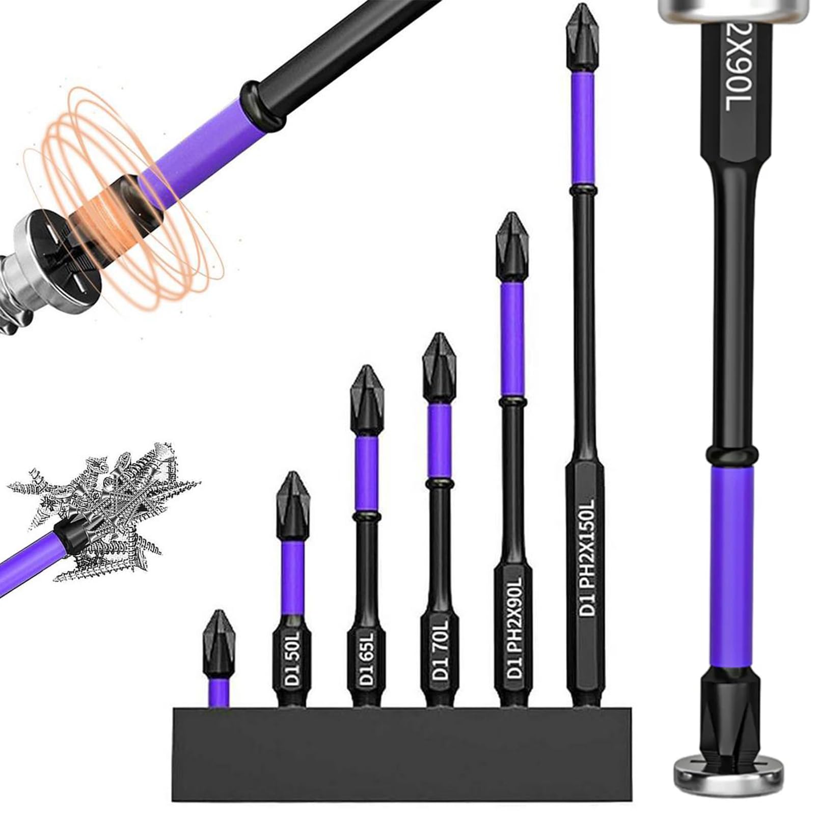 Magnetic Screwdriver Bit Set, 6Pcs Shockproof D1 Impact Driver Bit Set, D1 Anti-Slip and Shock-Proof Bits with Phillips Screwdriver Bits for Electric Screwdrivers and Hand Screwdrivers