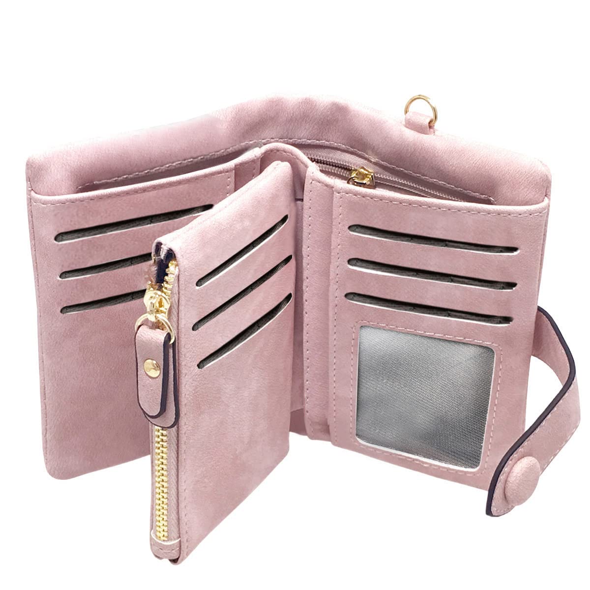 Photo 1 of TOPKULL Bifold Small Rfid Soft Leather Ladies Trifold Wallets Billfolds Mini Wristlet Clutch Cute Zipper Coin Purse with Wrist Strap (Pink)