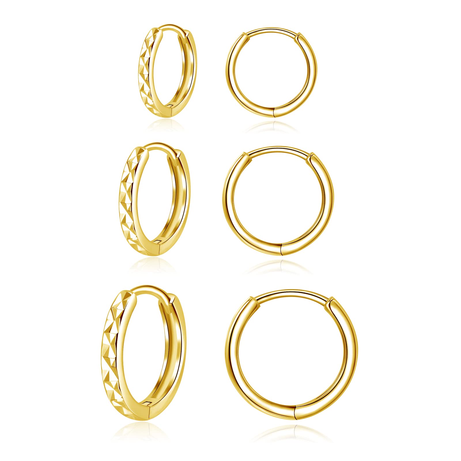 Kamise Silver Hoops Earrings for Women, 3 Pairs 925 Sterling Silver Gold Hoop Earrings Set, Small Sleeper Huggie Hinged Hoop Earring, Hypoallergenic Unisex Hoops Earring Set in 10, 12, 14mm