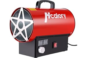 Hcalory 60000 BTU Forced Air Propane Heater, Fuel Consumption as Low as 1.09 kg/hr, Auto 25-131℉ ON-OFF Control, Digital Display Screen, Compatible with US Propane Tanks, for Garage, Construction Site