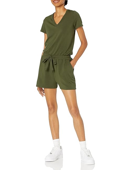 Amazon Essentials Women's Supersoft Terry Short-Sleeve V-Neck Romper (Previously Daily Ritual), Olive, Large