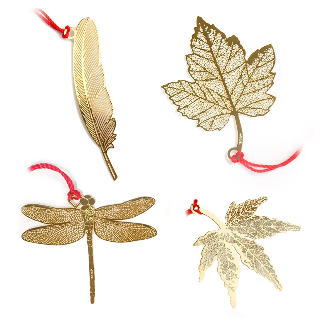 Amindz Metal bookmarks, 4 pieces bookmarks, personalised, maple leaf, wutong leaf, dragonfly, feather hollowed out metal bookmark (gold)