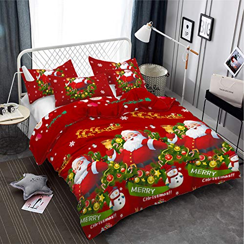 Christmas Duvet Cover Full/Queen Size Christmas Snowman Red Green Quilt Cover Santa Claus Duvet Cover with Zipper Closure 3 D Printed Bedding Cover 3 Piece Bed Set